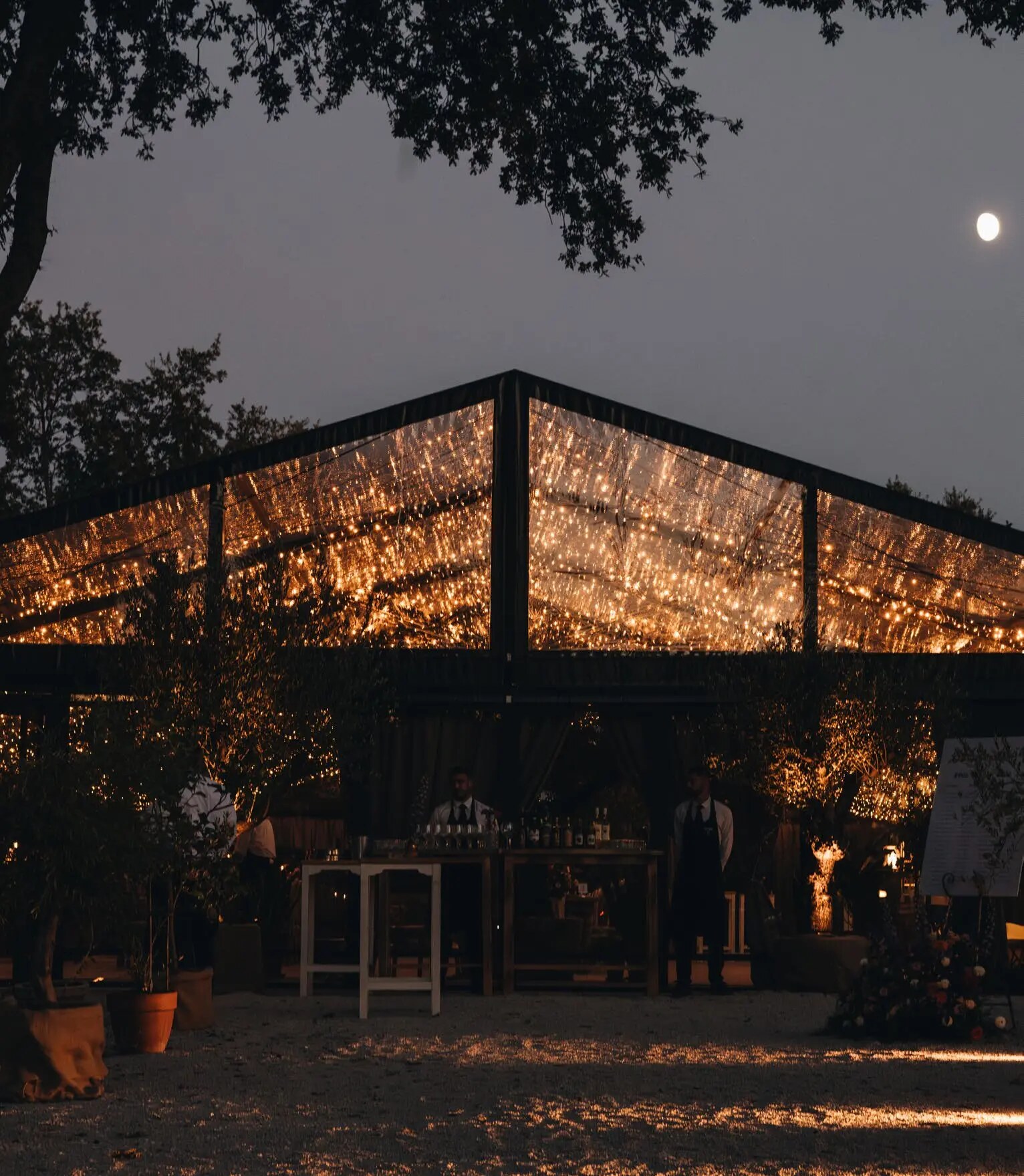 D'Orangerie venue exterior illuminated at night